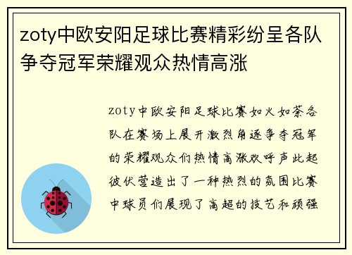 zoty中欧安阳足球比赛精彩纷呈各队争夺冠军荣耀观众热情高涨
